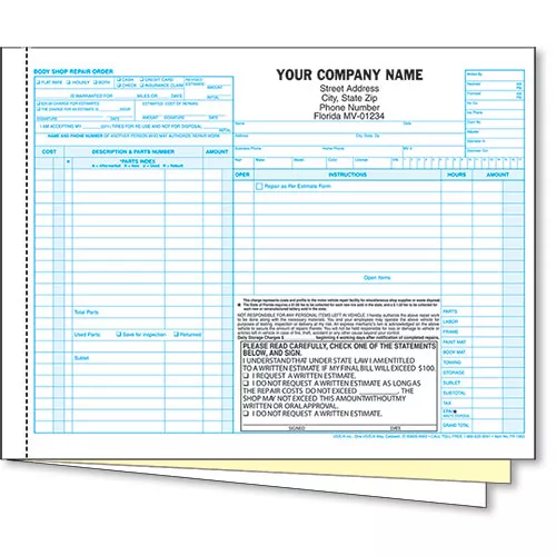 3-Part Florida Auto Body Repair Order Forms – Pack 250