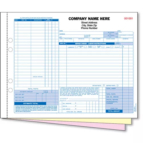 3-Part Mechanical Repair Order – Pack 250