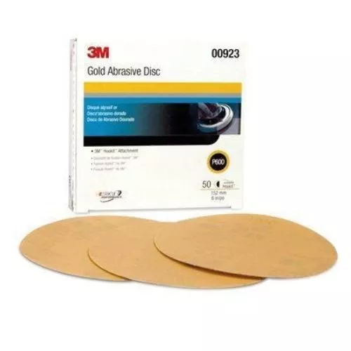 3M 00923 6 INCH 600 GRIT GOLD HOOKIT SANDING DISC (50/BOX), CLEARANCE ITEM
