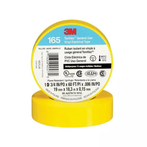 3M Temflex 165YL4A~General Use Vinyl Electrical Tape 165 Yellow (3/4 Inch x 60 ft)