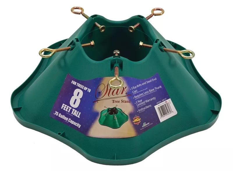 8 Ft. Christmas Tree Stand, Green Plastic, 5 Eye-bolts, 0.75 Gallon Capacity