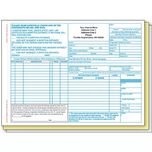 Repair Order – Florida State Compliant, 3-Part – Pack 250