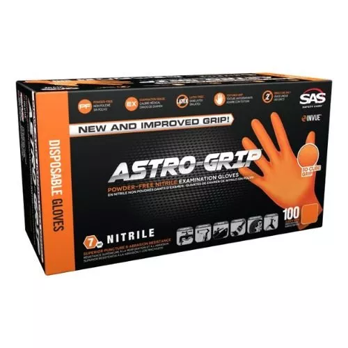 SAS ASTRO-GRIP LARGE DISPOSABLE GLOVES, ORANGE NITRILE, BOX OF 100