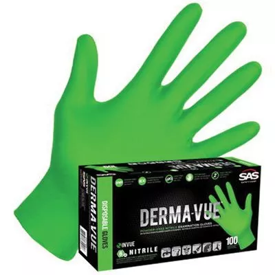 SAS DERMA-VUE LARGE EXTRA STRENGTH GREEN NITRILE GLOVES, 100